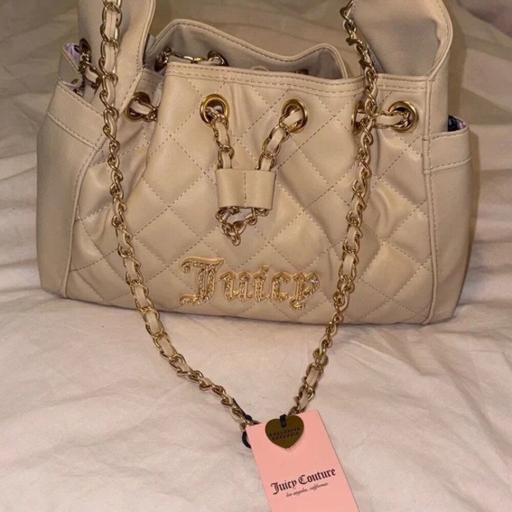 NWT Juicy Couture Beige / Gold Bling Diamond Quilted Bag - Picture 2 of 2